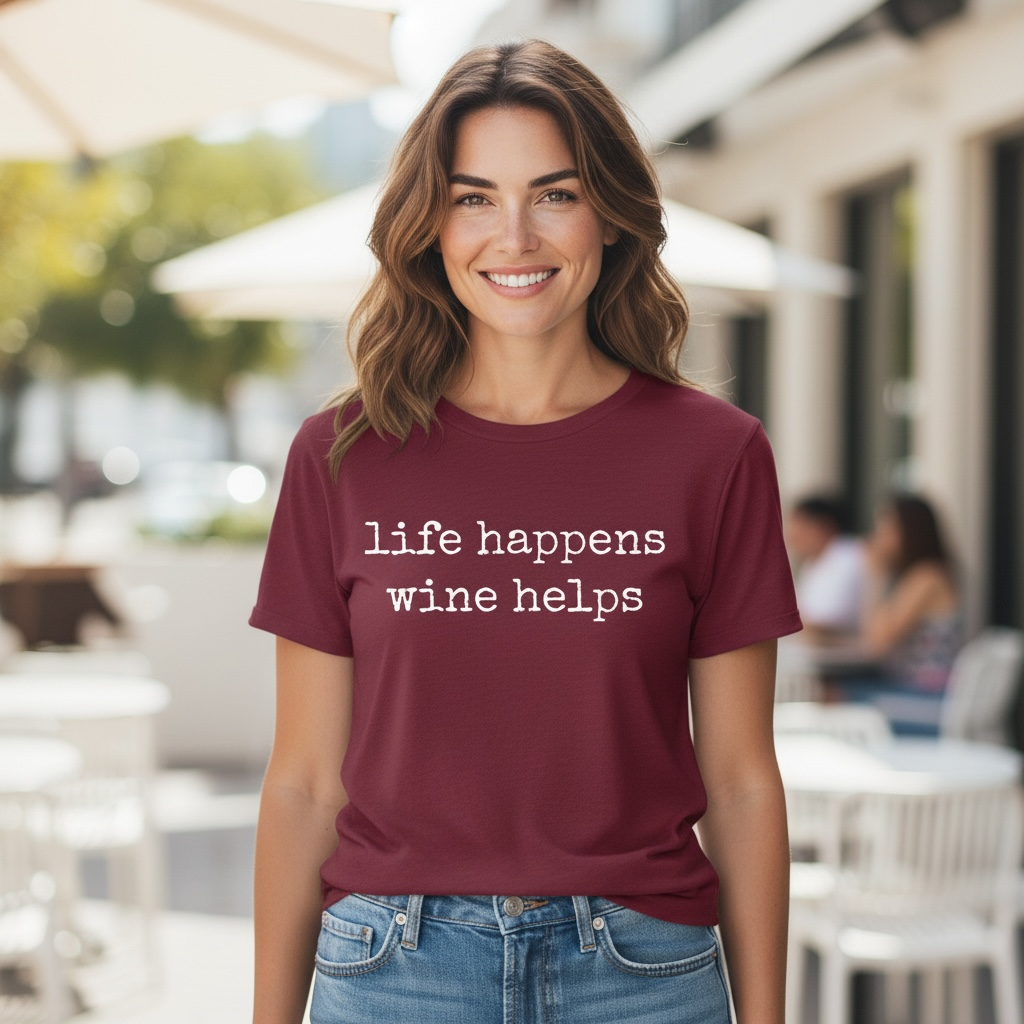 Life Happens Wine Helps Tee – Bella + Canvas Modern Fit
